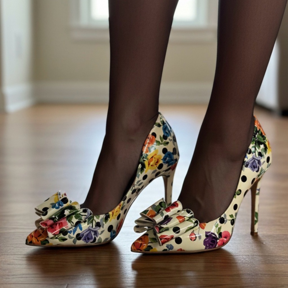 Betsey Johnson Floral Polka Dot Heels Women Stiletto Point Toe Bow